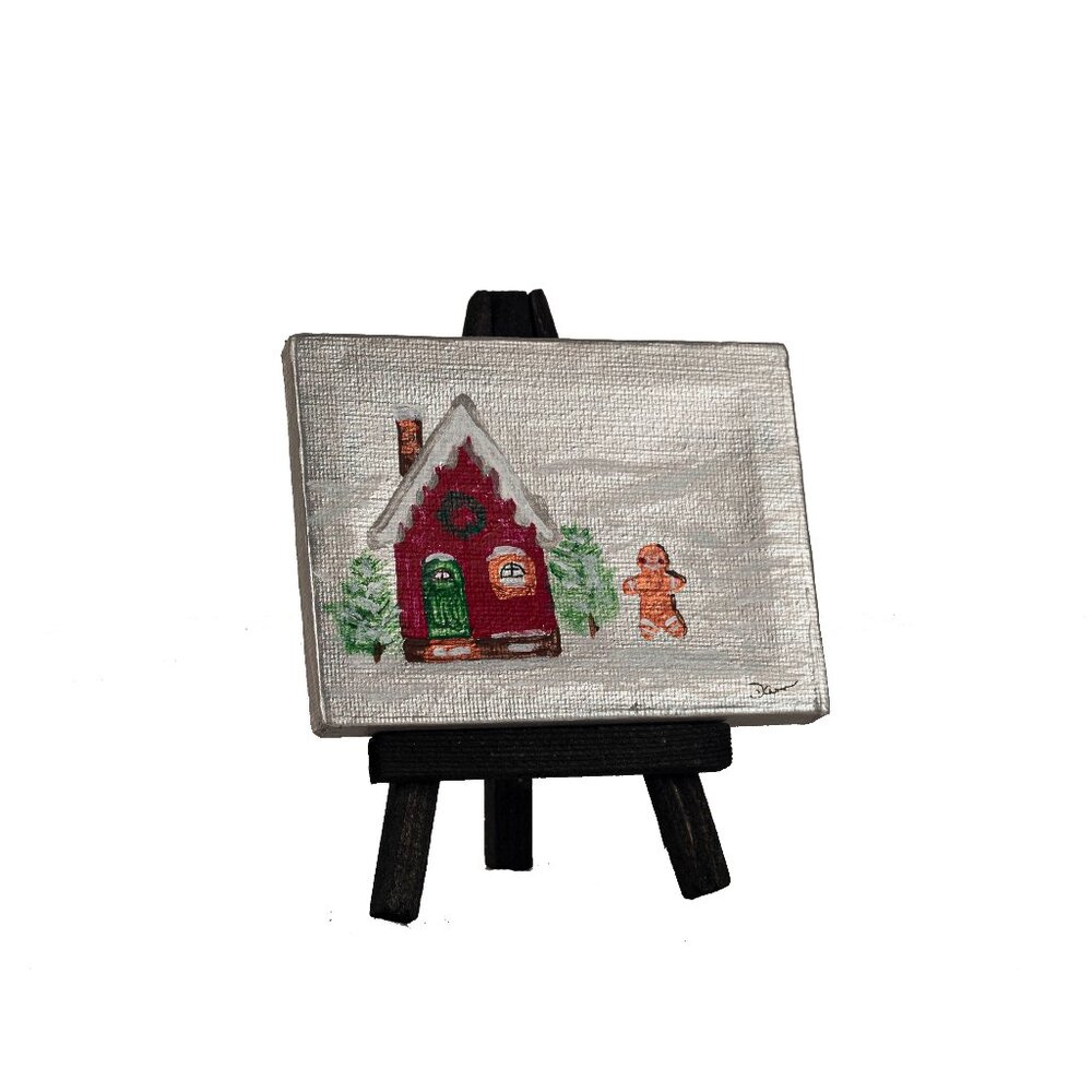 "The Gingerbread Man's House I" Org Table Art Painting w/Easel by Dawn M. Wayand